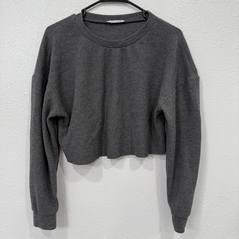 ZARA Trafaluc Charcoal Grey Ribbed Cropped Long Sleeve Sweatshirt